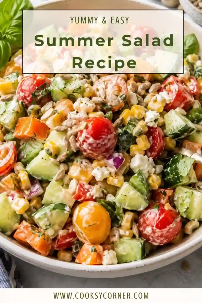 A colorful Summer Salad featuring cherry tomatoes, cucumber, corn, snap peas, bell peppers, goat cheese, and fresh herbs tossed in a light vinaigrette. This healthy summer salad is fresh, vibrant, and perfect for warm-weather meals.