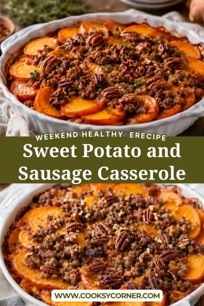 1. Sweet Potato and Sausage Casserole layered with tender sweet potatoes, savory beef sausage, sliced apples, pecans, and melted cheddar. The golden baked topping gives this family dinner casserole a warm, comforting appearance.