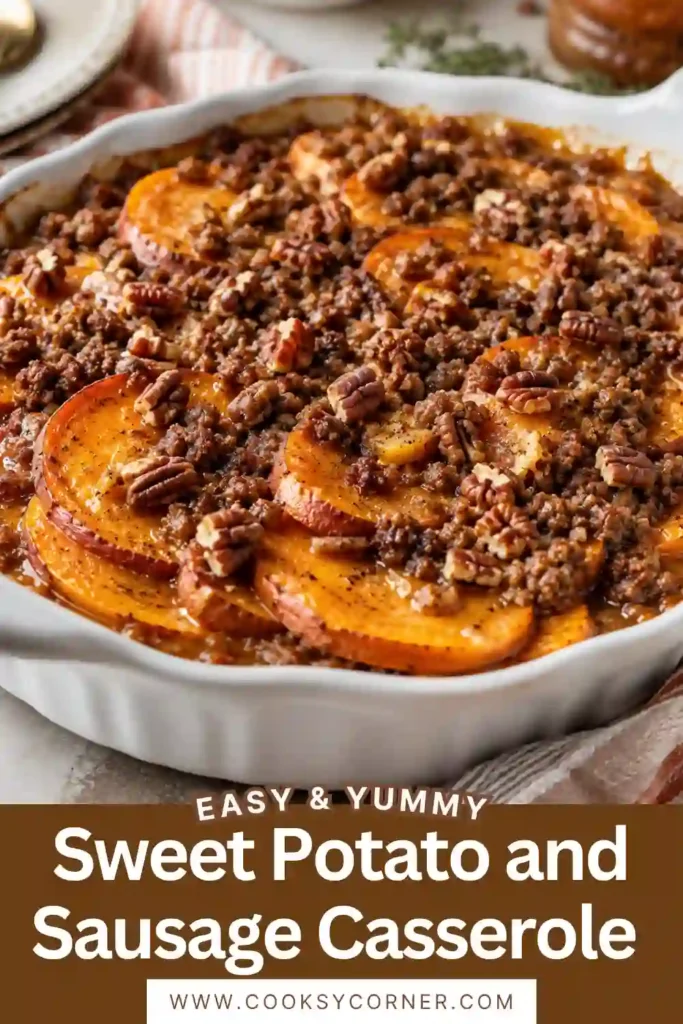 Homemade sweet potato casserole with sausage, cinnamon-spiced apples, chopped pecans, and bubbly cheddar cheese. The savory casserole is baked until tender and golden brown.