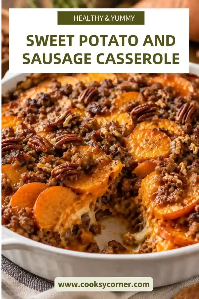 4. Savory sweet potato apple casserole filled with beef sausage and topped with melted cheddar and toasted pecans. Warm cinnamon and apples complement the hearty sweet potato layers.