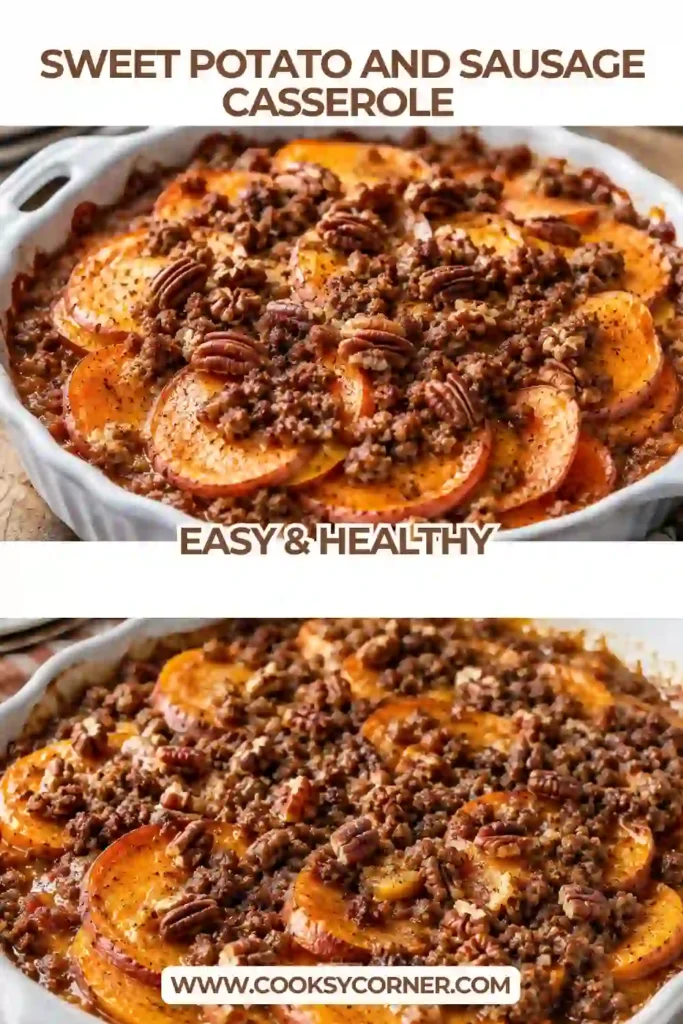 Savory sweet potato casserole featuring tender sweet potato slices, crumbled beef sausage, fresh apples, pecans, and melted cheese. Cinnamon adds a warm flavor to this hearty baked dish.