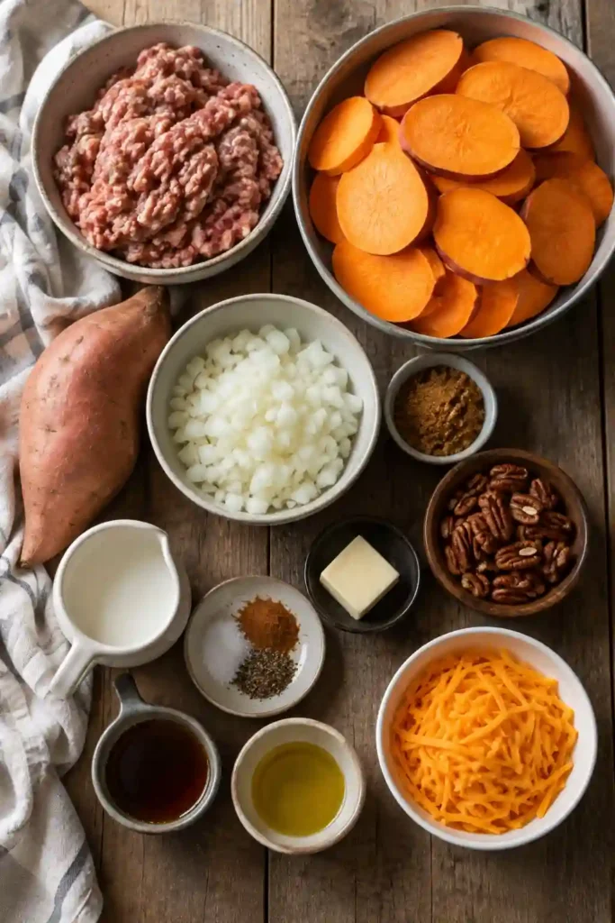 3. Easy fall casserole made with sliced sweet potatoes, spicy beef sausage, apples, cinnamon, pecans, and cheddar cheese. The casserole is baked until tender with a bubbly golden topping.