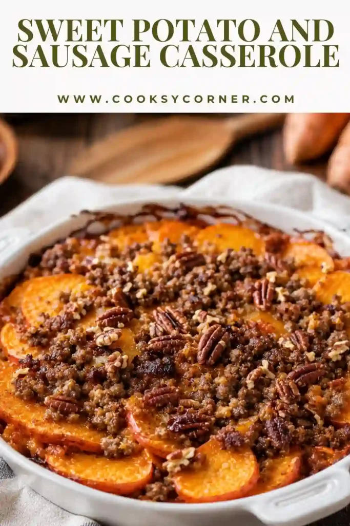 2. Freshly baked Sweet Potato and Sausage Casserole with golden cheddar and crunchy pecans. Sweet potatoes, apples, and seasoned beef sausage create colorful, hearty layers.