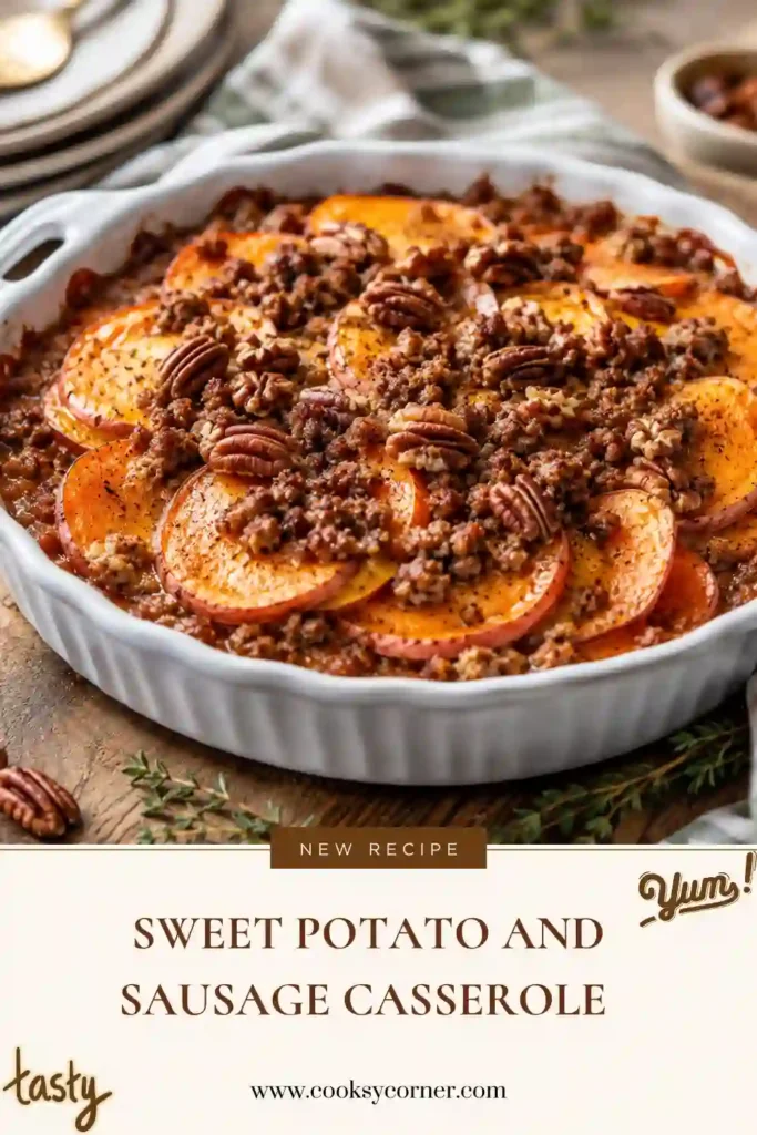Sausage and apple casserole layered with sweet potatoes, spicy beef sausage, crunchy pecans, and shredded cheddar. The finished casserole has a golden cheesy top and colorful filling.