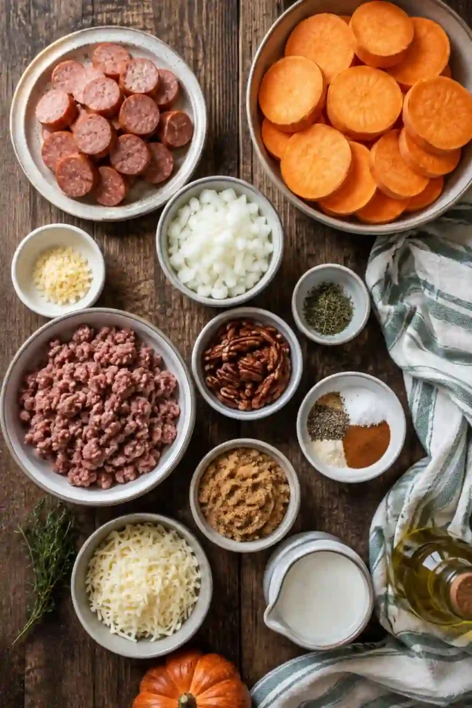 Sweet Potato and Sausage Casserole with layers of sliced sweet potatoes, spicy beef sausage, apples, pecans, and melted cheddar cheese. The baked casserole has a warm golden topping and hearty fall-inspired appearance.