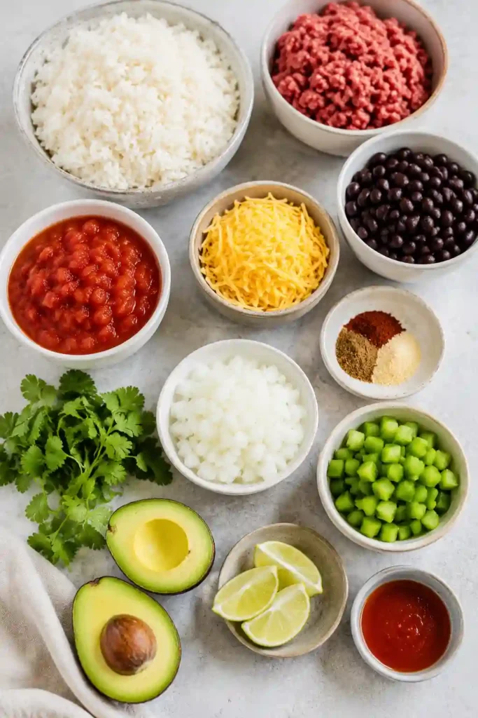 A colorful Taco Rice Bowl Recipe topped with seasoned ground beef, fluffy white rice, black beans, shredded cheese, creamy avocado, salsa, and fresh cilantro. This easy Tex-Mex meal is perfect for busy weeknight dinners.