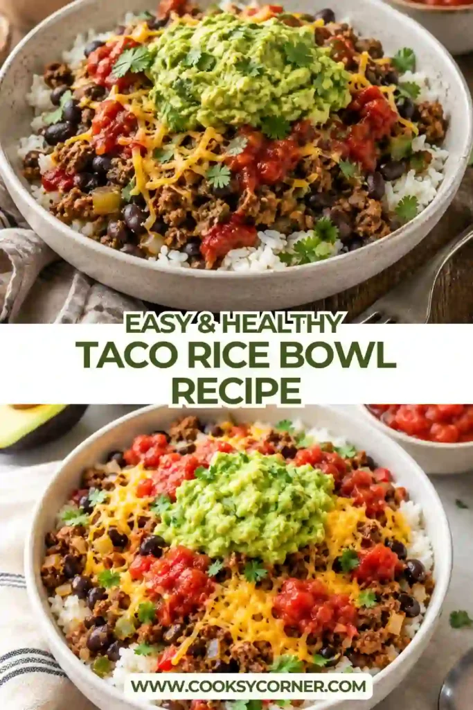 Easy Taco Rice Bowl Recipe served in a bowl with juicy taco-seasoned beef, rice, fresh cilantro, avocado, cheese, and salsa. A healthy and satisfying one-bowl meal for lunch or dinner.