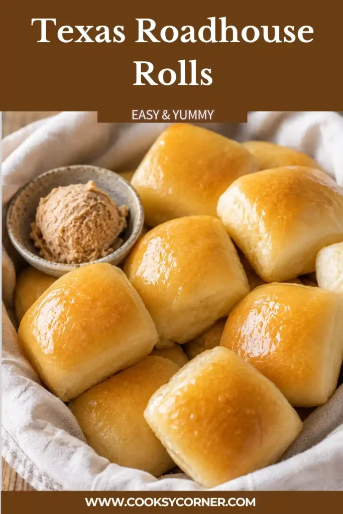 Homemade Texas Roadhouse Rolls fresh from the oven with glossy buttered tops. The soft dinner rolls are square-shaped with fluffy, tender interiors.