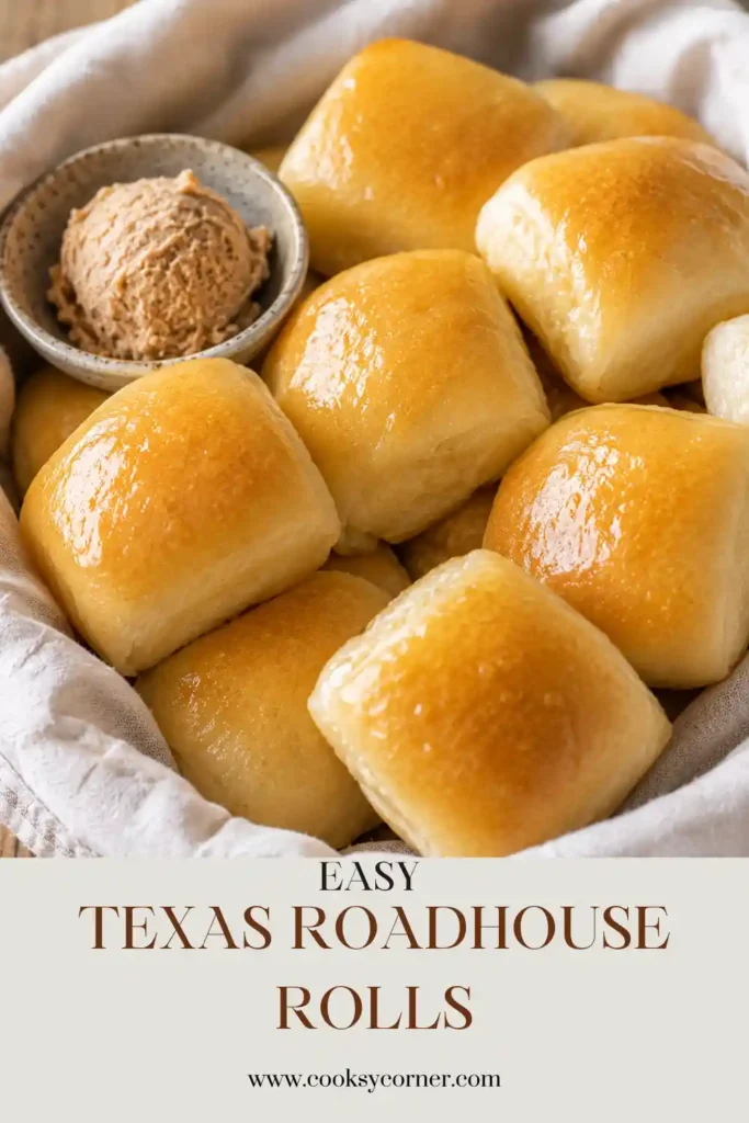 Freshly baked Texas Roadhouse Rolls arranged in a basket with soft golden tops brushed with melted butter. These fluffy homemade dinner rolls have tender, pillowy centers.