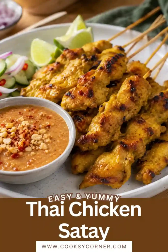 Thai Chicken Satay with tender grilled chicken skewers beside a bowl of homemade Thai peanut sauce. Fresh cilantro, lime wedges, and crushed peanuts complete the colorful dish.