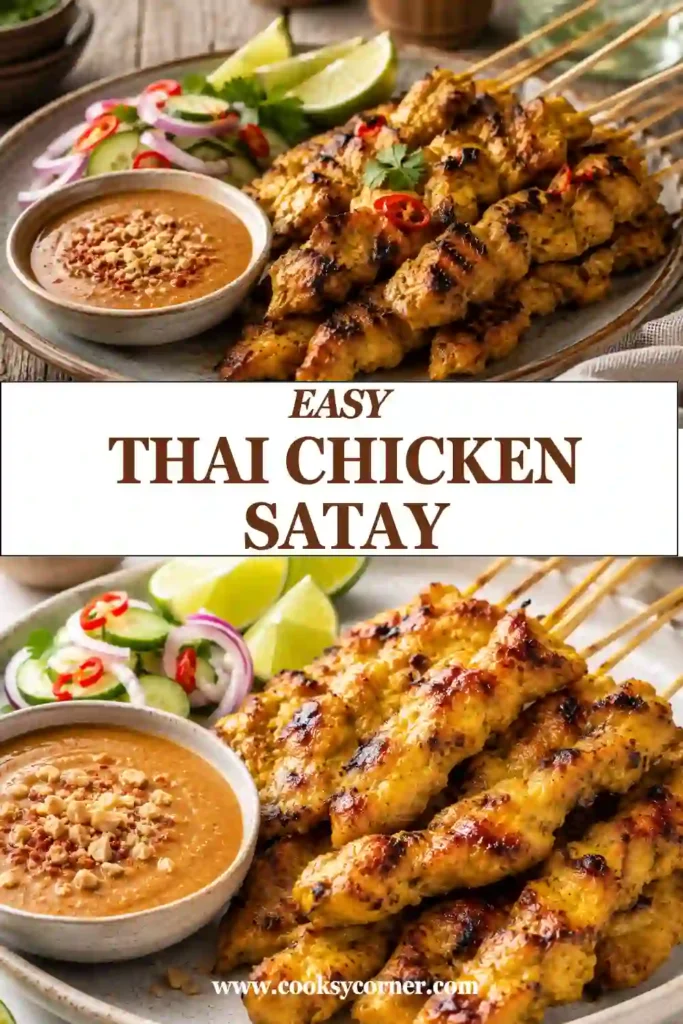 Chicken satay with peanut sauce featuring juicy coconut chicken skewers cooked until golden brown. The creamy dipping sauce is topped with chopped peanuts for extra texture.