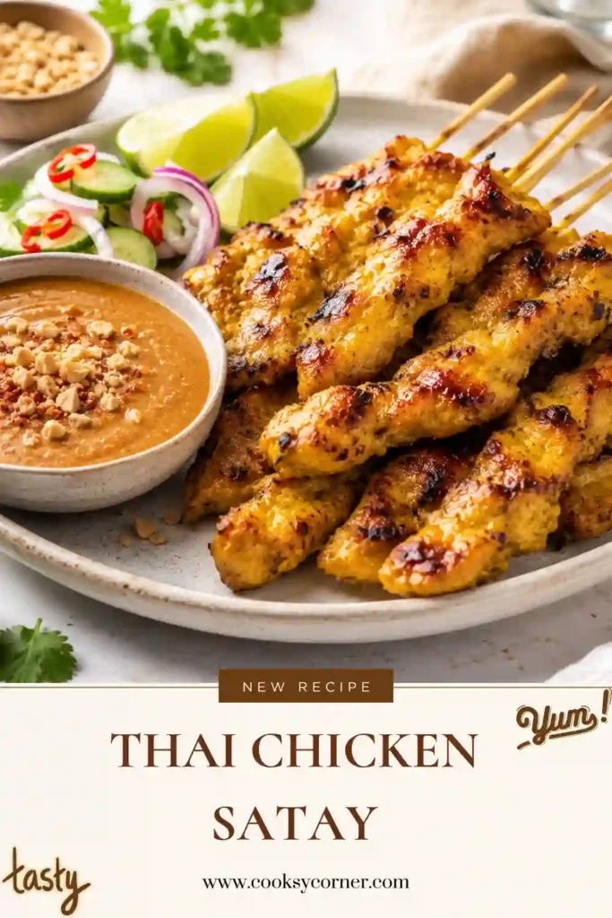 Easy Thai chicken skewers served with rich peanut dipping sauce, fresh lime, cilantro, and red chili. The golden coconut chicken satay makes a colorful Thai-inspired main dish.