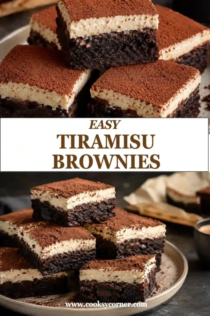 Homemade mascarpone brownies featuring a dense chocolate base topped with silky espresso cream. Cocoa powder finishes these tiramisu-inspired brownies with a rich chocolate appearance.