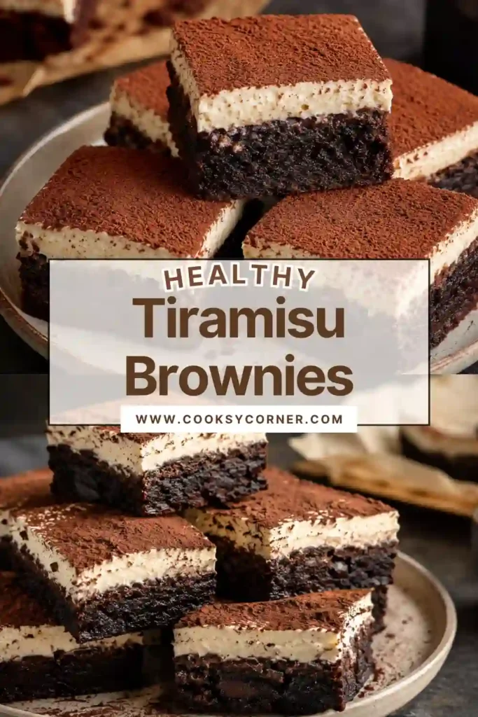 Tiramisu Brownies with a rich chocolate brownie base and thick espresso mascarpone cream. A dusting of cocoa powder gives the layered brownies a classic tiramisu-inspired finish.