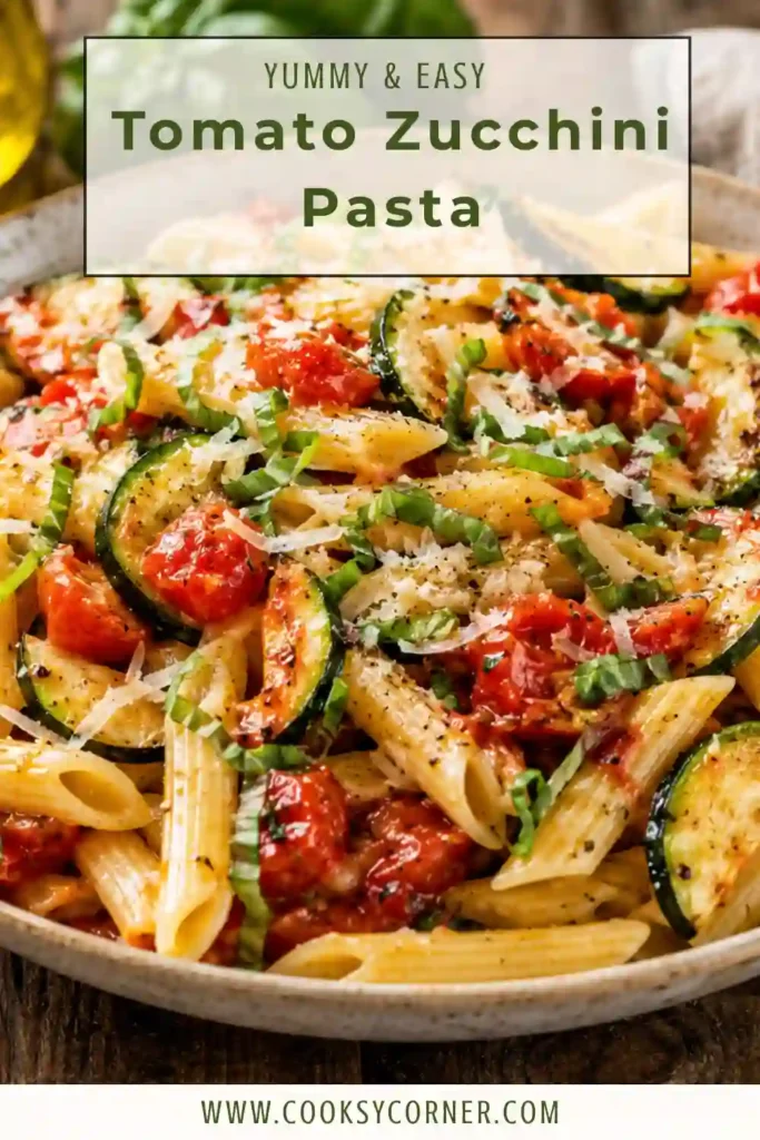 Fresh pasta with zucchini and tomatoes topped with grated Parmesan and chopped basil. This simple vegetarian pasta recipe features colorful summer vegetables and Italian-inspired flavors.