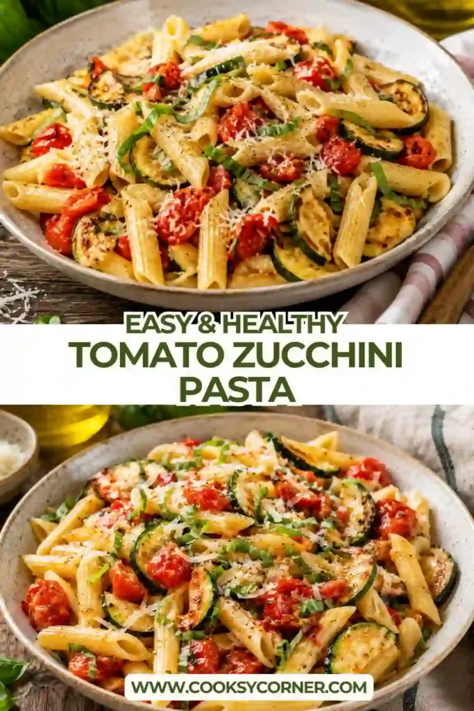 A bowl of zucchini tomato pasta tossed with garlic, Parmesan cheese, fresh basil, and tender vegetables. The pasta is coated in a light sauce made from juicy cherry tomatoes.