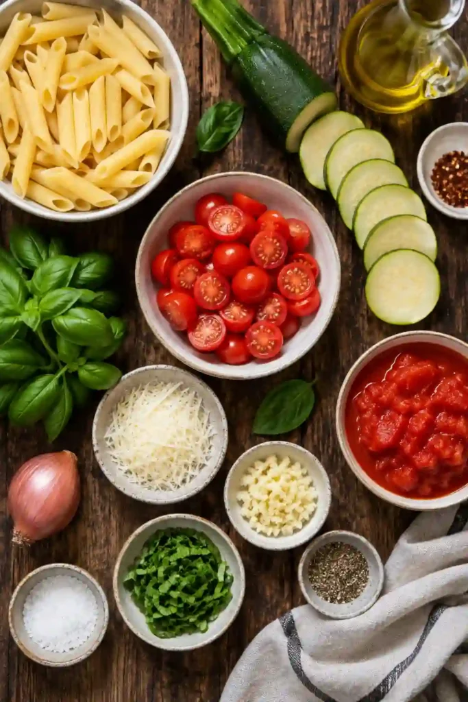 Tomato Zucchini Pasta made with tender pasta, sautéed zucchini, juicy cherry tomatoes, garlic, and Parmesan. Fresh basil adds a bright finish to this easy summer pasta recipe.