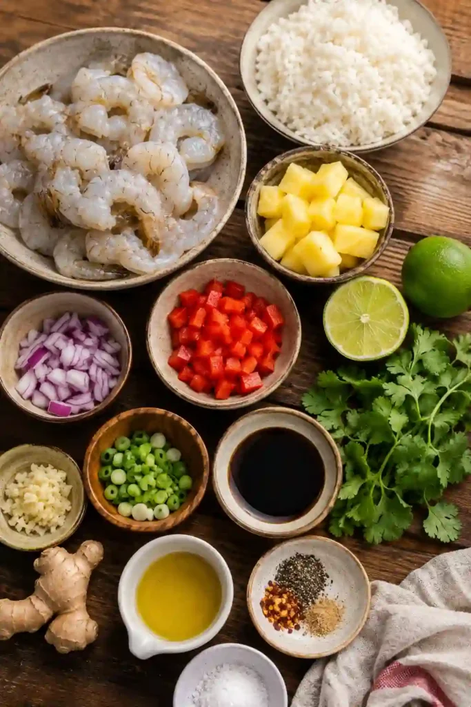 Easy shrimp rice bowl topped with juicy pineapple shrimp and fresh cilantro. Jasmine rice and a sweet, tangy pineapple-lime sauce complete the meal.