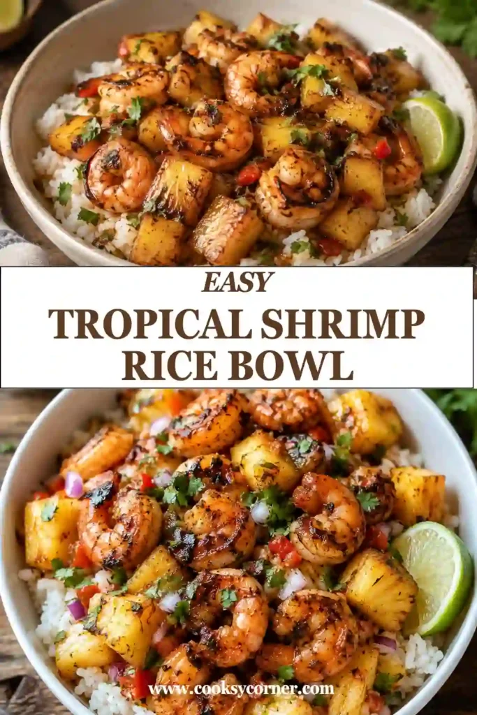 Homemade Tropical Shrimp Rice Bowl served with seared shrimp, sweet pineapple, jasmine rice, and fresh cilantro. The colorful bowl is finished with a honey-lime pineapple sauce.