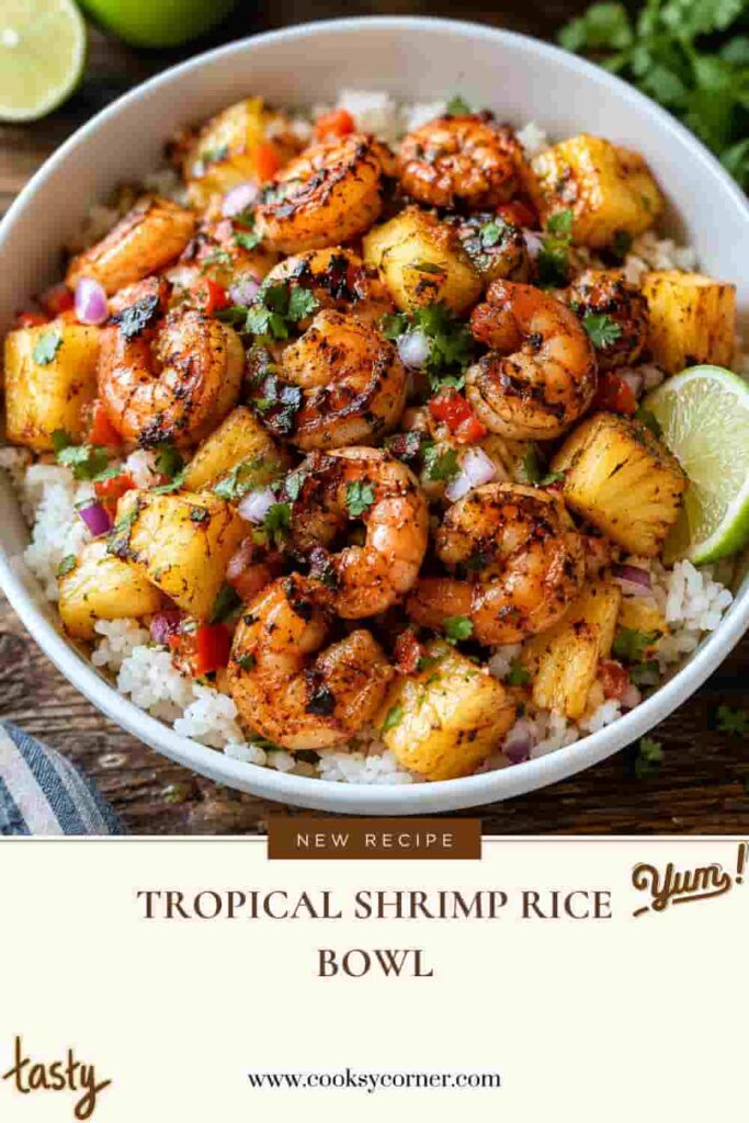 Tropical Shrimp Rice Bowl with juicy shrimp, pineapple chunks, and cilantro jasmine rice. A sweet and savory lime sauce coats the shrimp and pineapple.