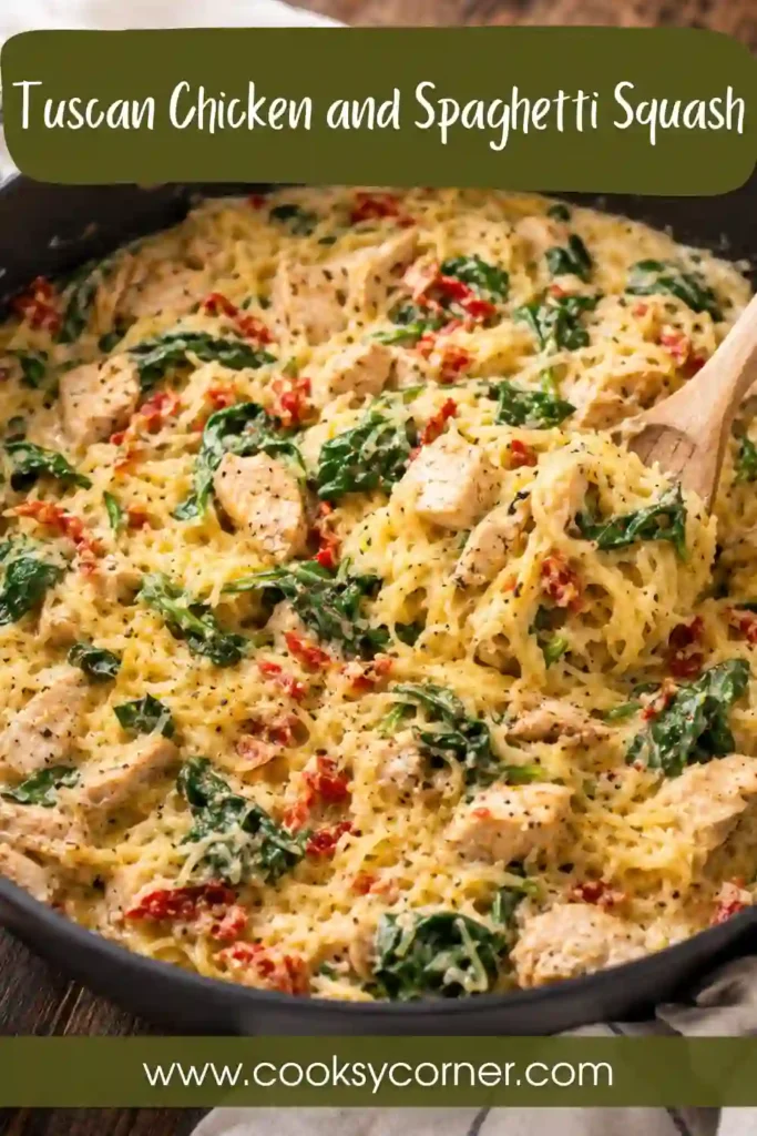 Chicken and spaghetti squash tossed in a creamy Parmesan sauce with garlic, spinach, and red sun-dried tomatoes. The dish is served warm in a shallow bowl.