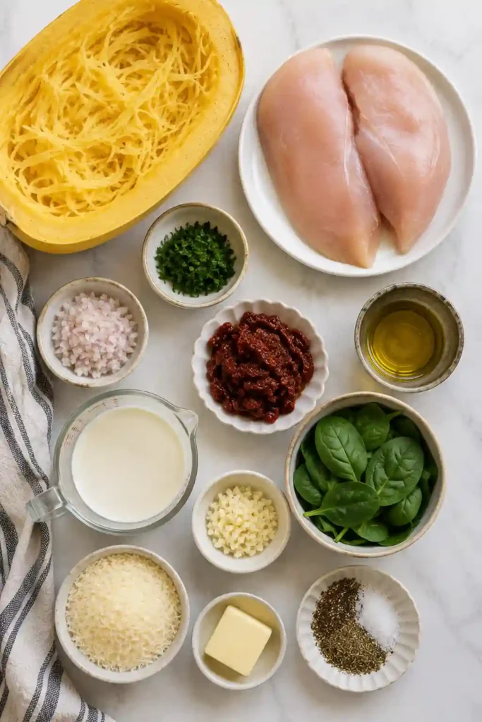 Tuscan Chicken and Spaghetti Squash served with tender chicken, spinach, and sun-dried tomatoes in a creamy Parmesan sauce. The spaghetti squash strands are coated in a rich garlic cream sauce.
