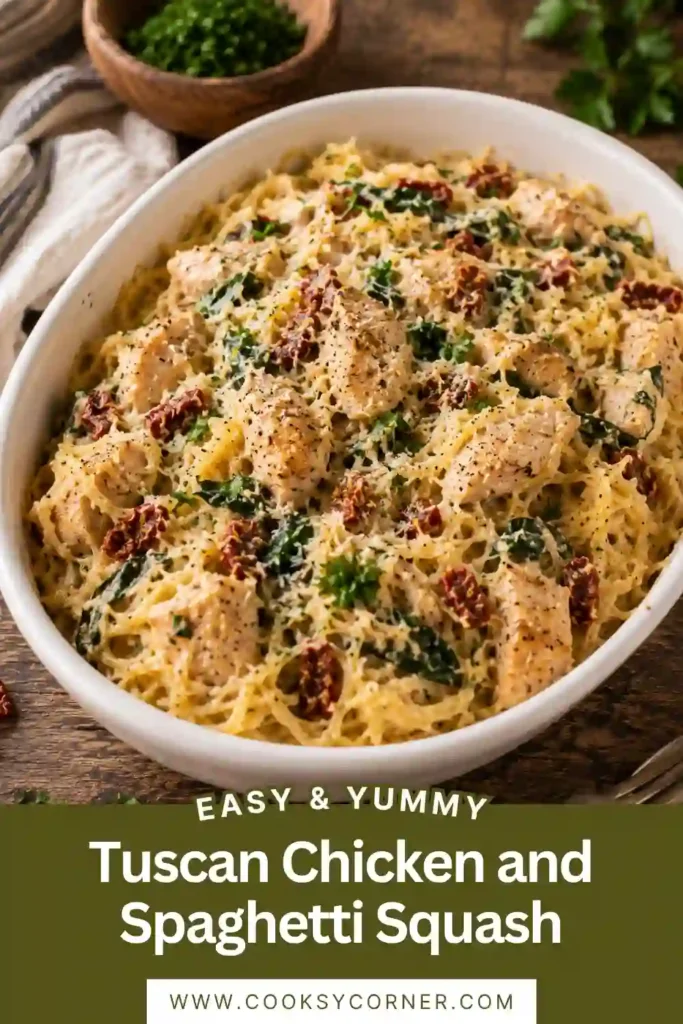 Creamy Tuscan chicken and spaghetti squash with golden chicken pieces, fresh spinach, sun-dried tomatoes, and grated Parmesan. A comforting Italian-inspired chicken dinner served warm.