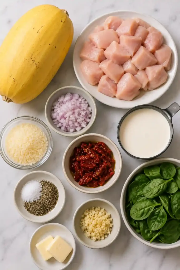Creamy spaghetti squash with golden chicken pieces, wilted spinach, sun-dried tomatoes, garlic, and Parmesan cheese in a Tuscan-inspired sauce.