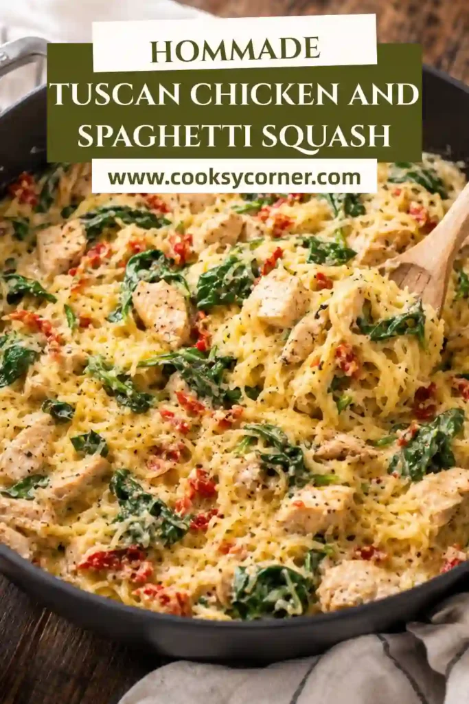 Creamy Tuscan chicken served with spaghetti squash, baby spinach, Parmesan, and sun-dried tomatoes. Fresh parsley adds a colorful finish.