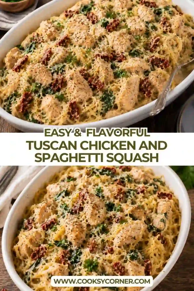 Chicken spaghetti squash tossed with creamy garlic Parmesan sauce, wilted spinach, and sun-dried tomatoes. The dish features tender chicken and spaghetti squash in a rich Tuscan-style sauce.