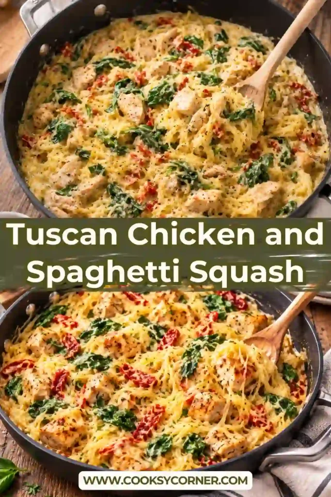 Tuscan Chicken and Spaghetti Squash with tender chicken, spinach, sun-dried tomatoes, and creamy garlic Parmesan sauce. The spaghetti squash strands are coated in the rich sauce.