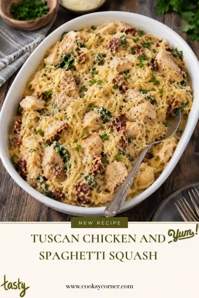 Tuscan-style chicken with spaghetti squash, spinach, garlic, Parmesan cheese, and sun-dried tomatoes. The creamy chicken and spaghetti squash is finished with fresh parsley.