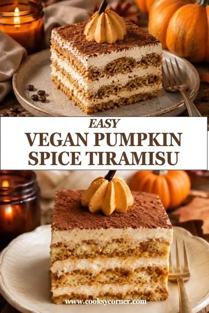 A sliced Vegan Pumpkin Spice Tiramisu showing distinct layers of homemade ladyfingers, coffee, and silky pumpkin cream. Cocoa powder and dairy-free whipped cream cover the top.