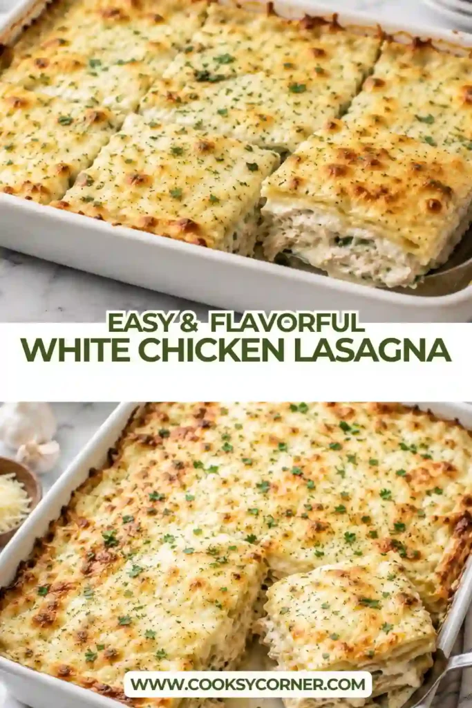 Homemade white sauce chicken lasagna made with shredded chicken, spinach, ricotta, Parmesan, and mozzarella. A sliced portion reveals creamy chicken and cheese between tender lasagna noodles.