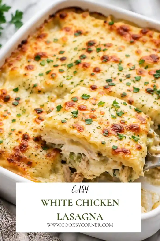 Easy spinach chicken lasagna baked with creamy white sauce and three cheeses. The comforting pasta casserole features tender chicken and a bubbling golden mozzarella topping.