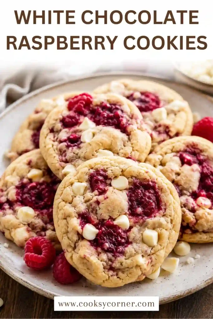 Freshly baked White Chocolate Raspberry Cookies featuring melted white chocolate and vibrant red raspberry pieces. The soft cookies have golden edges and thick, chewy centers.
