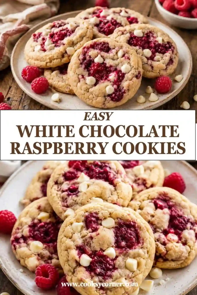 Soft raspberry white chocolate cookies filled with creamy white chocolate chips and tart raspberry pieces. Lightly golden edges surround thick, chewy cookie centers.