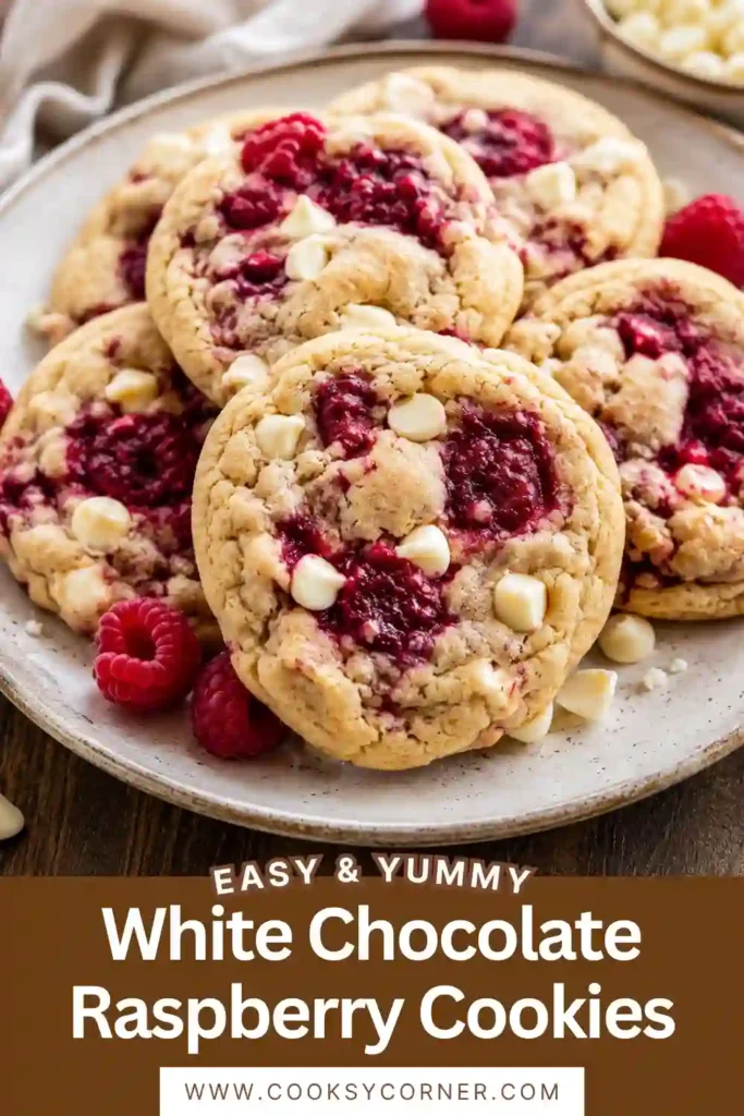 White Chocolate Raspberry Cookies with soft chewy centers, golden edges, white chocolate chips, and bright raspberry pieces. The cookies have a buttery bakery-style texture with colorful berry pockets.