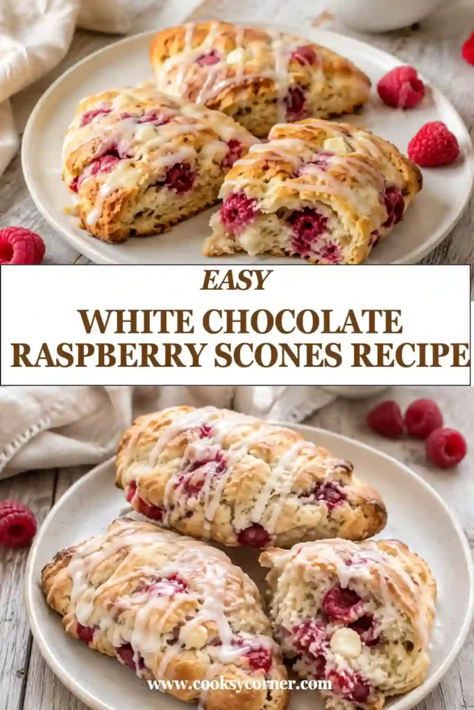 Homemade raspberry scones with visible pieces of red raspberry and white chocolate throughout the buttery dough. A thin vanilla glaze is drizzled over the golden baked scones.