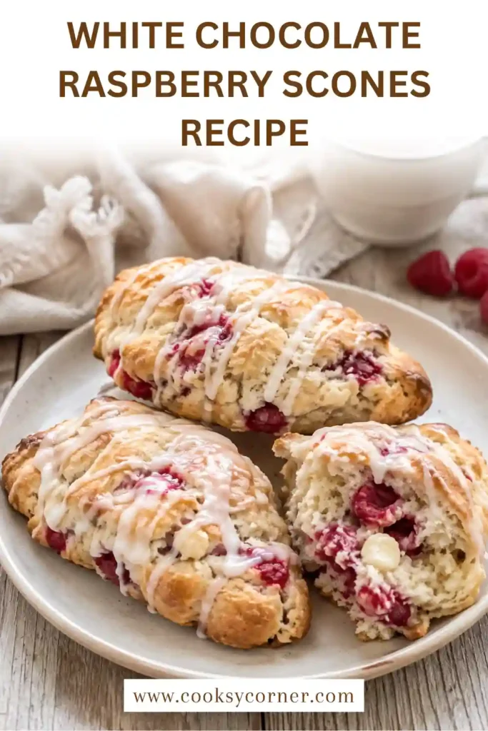 White Chocolate Raspberry Scones filled with juicy raspberries and creamy white chocolate chips and finished with vanilla glaze. The bakery-style scones have golden edges and soft, flaky centers.