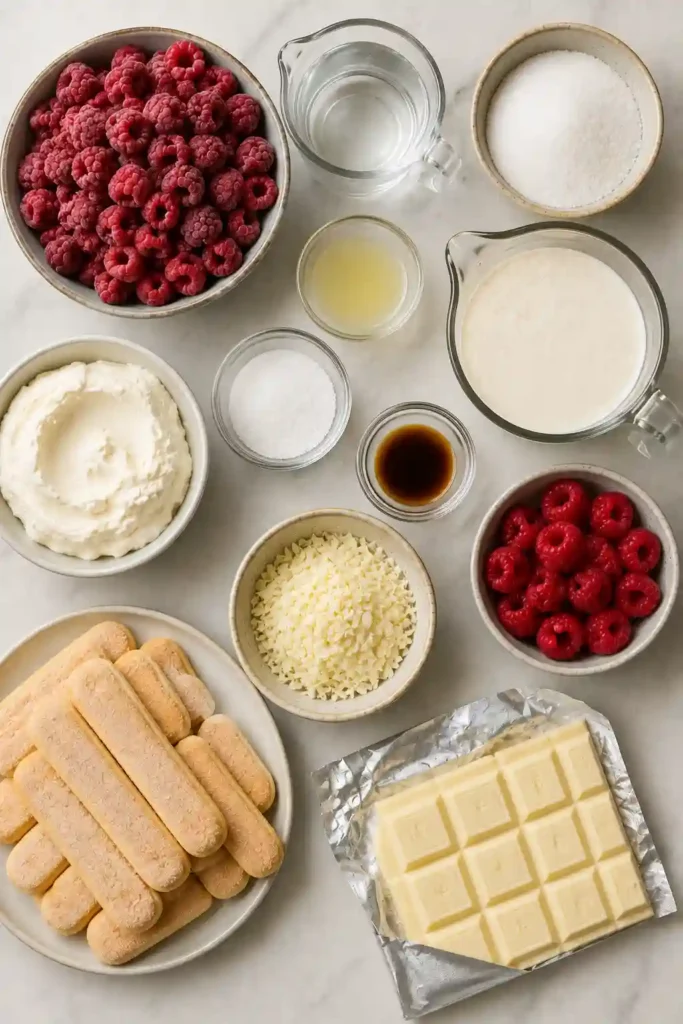 Raspberry mascarpone tiramisu with distinct layers of raspberry-soaked cookies and fluffy cream. Grated white chocolate and fresh berries decorate the top of the chilled dessert.