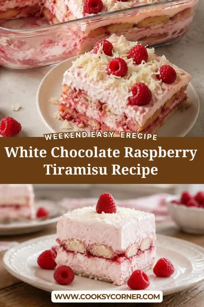 White Chocolate Raspberry Tiramisu layered with raspberry-soaked ladyfingers, fluffy mascarpone cream, and finely grated white chocolate. Fresh raspberries decorate the top of this colorful no-bake dessert.