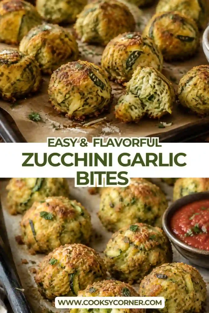 Homemade Zucchini Garlic Bites arranged on a serving plate with fresh herbs and tomato dipping sauce. These baked zucchini appetizers are golden brown and filled with Parmesan and garlic.