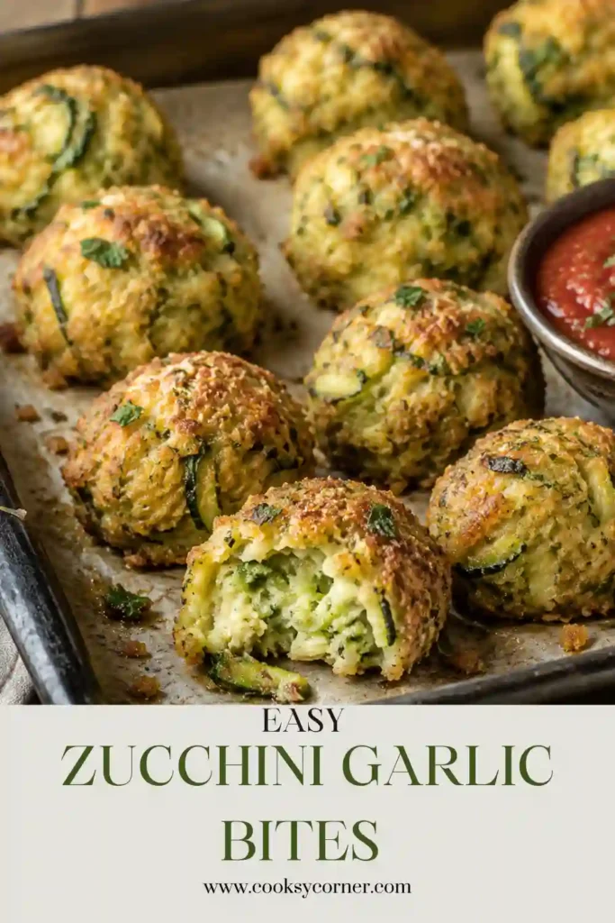 Freshly baked Parmesan zucchini bites with crisp golden edges and tender vegetable centers. A bowl of marinara sauce sits alongside the savory zucchini appetizer.