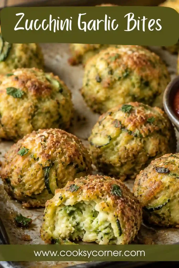 Golden Zucchini Garlic Bites made with shredded zucchini, Parmesan cheese, garlic, breadcrumbs, and fresh herbs. The baked zucchini bites are served warm with marinara sauce for dipping.