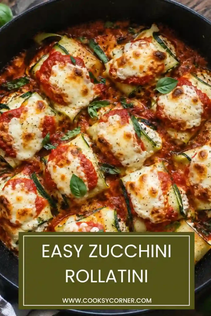 Homemade baked zucchini roll ups filled with ricotta, herbs, garlic, and cheese. The zucchini rolls are nestled in rich tomato sauce and topped with bubbling mozzarella.