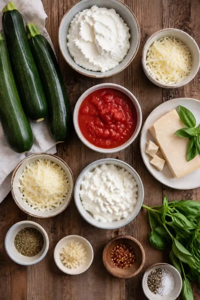 Three cheese Zucchini Rollatini baked in marinara sauce with melted mozzarella and Parmesan-style cheese. The tender zucchini ricotta rolls are finished with fresh basil.