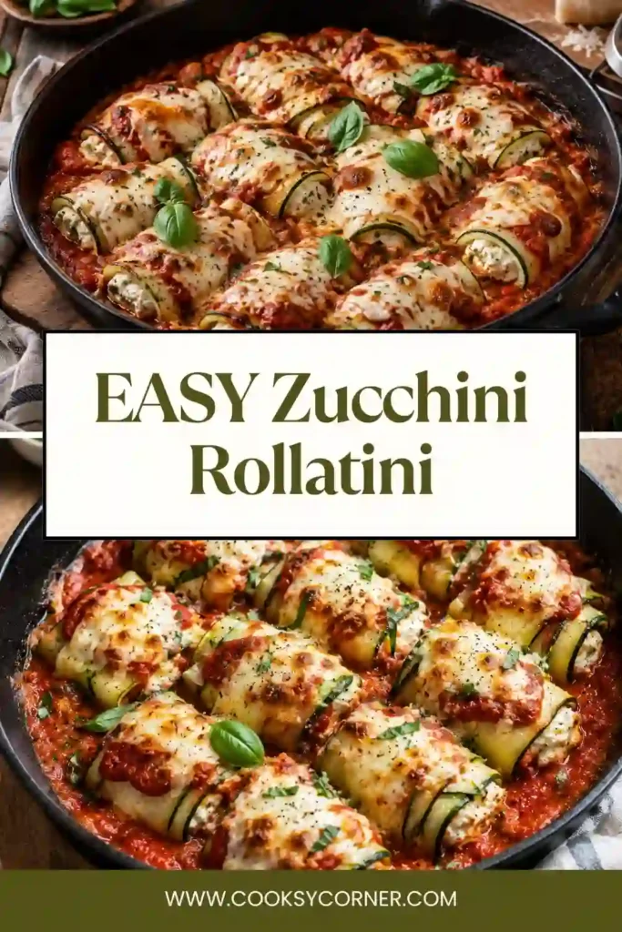 Italian-inspired Zucchini Rollatini with tender zucchini ribbons, creamy three-cheese filling, and marinara sauce. Fresh basil adds color to the golden cheesy topping.