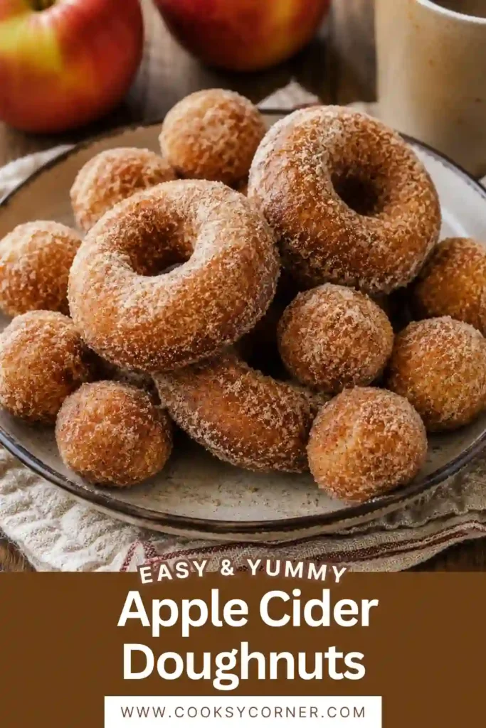 A plate of golden fried apple cider donuts served as a cozy fall dessert. Reduced apple cider and brown sugar give the doughnuts a rich, warmly spiced flavor.