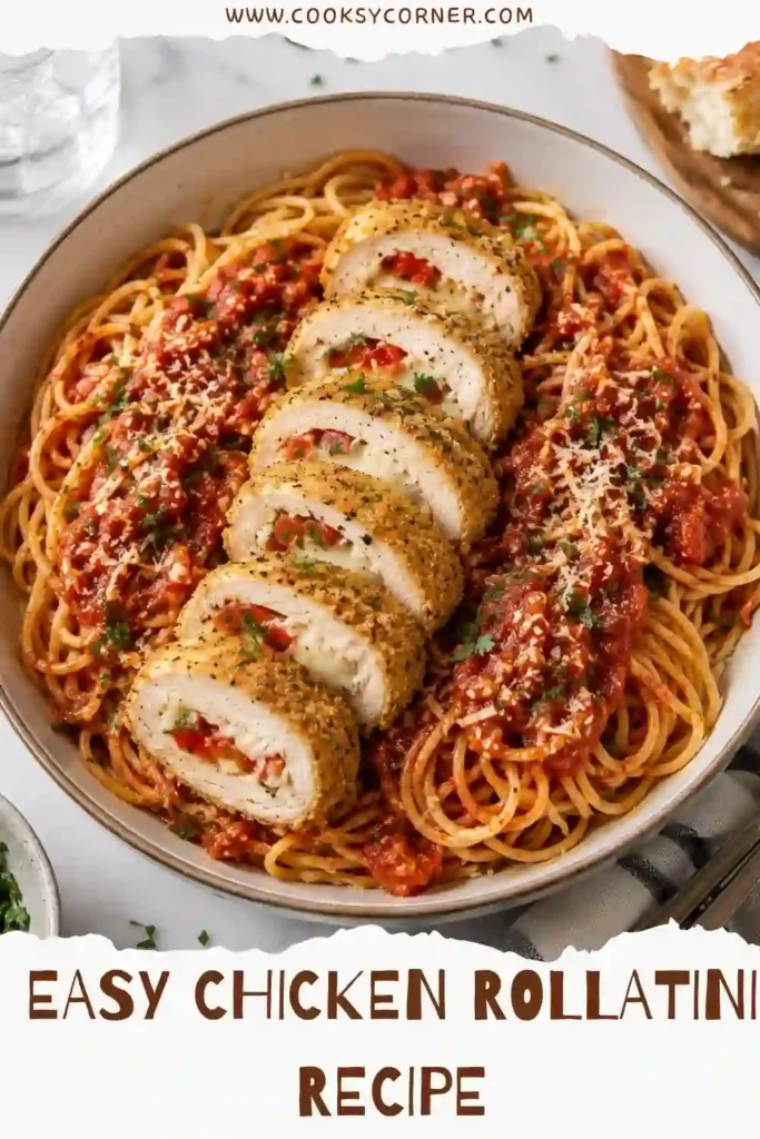 Mozzarella stuffed chicken rollatini baked until tender and served with savory tomato marinara sauce. Each sliced chicken roll reveals a warm, cheesy tomato filling.